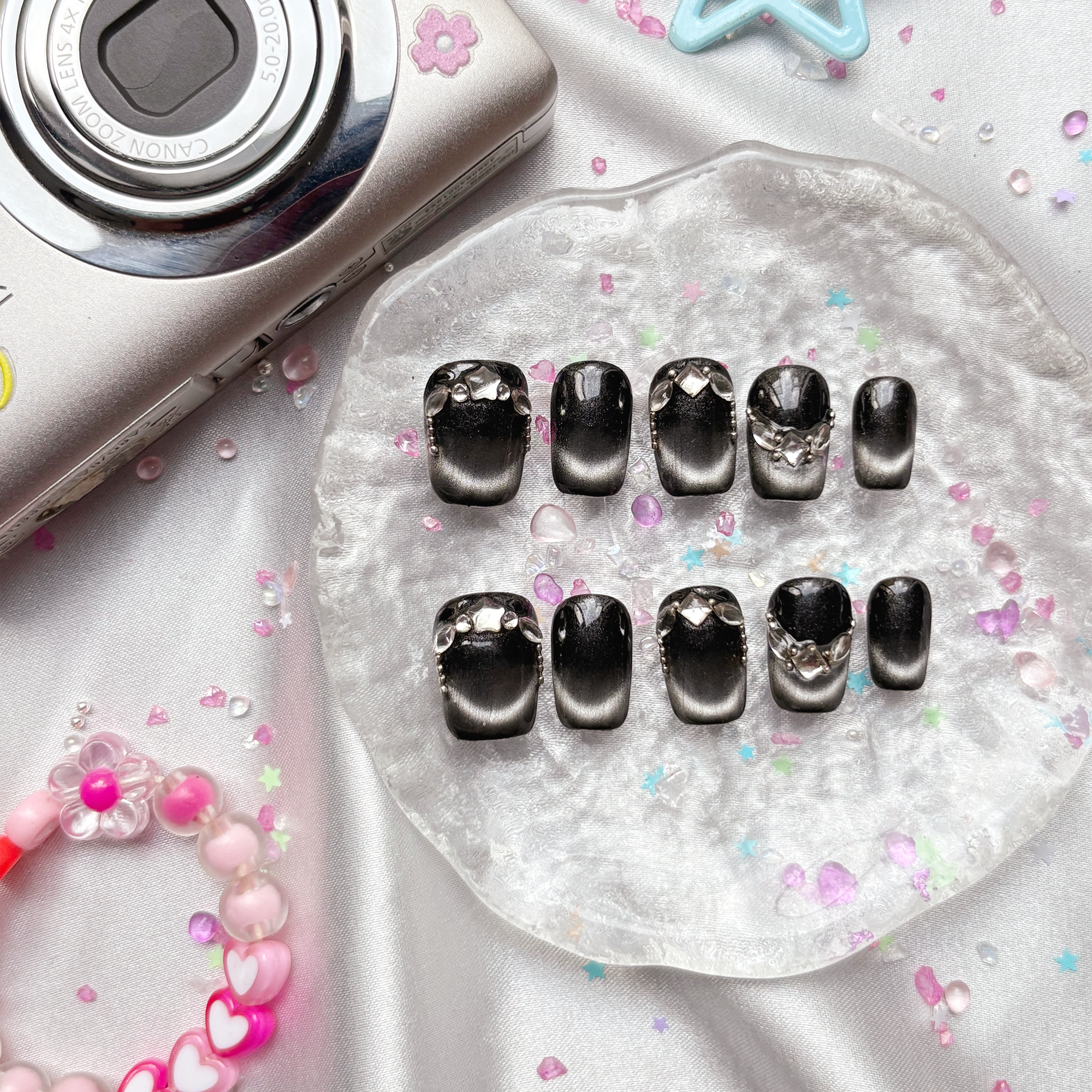 Press-On Nails – Gothic Black Cat Eye with 3D Silver Charms | Custom Dark Nail Art | Wynzy Pops Nails