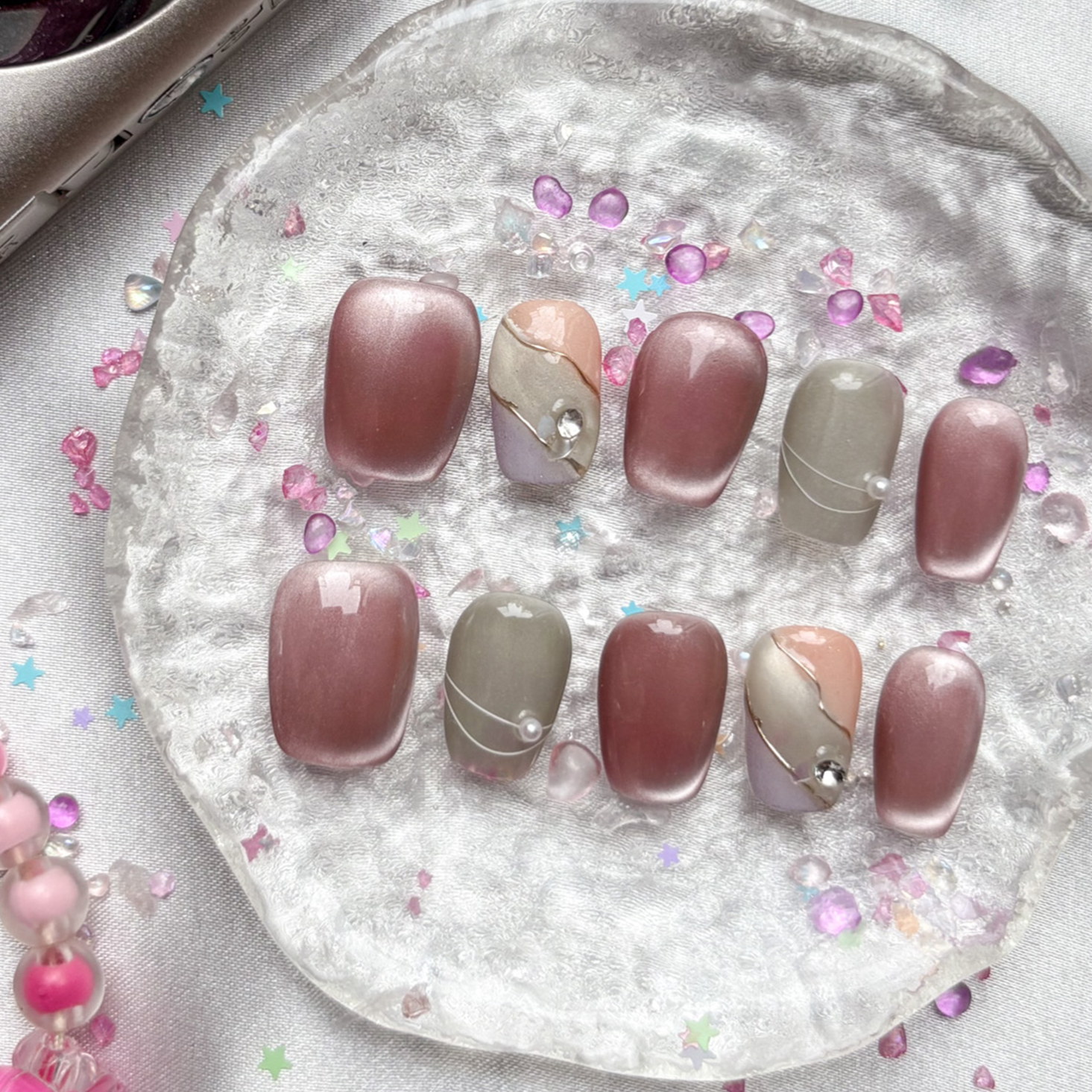 Custom Cat Eye Press On Nails | Pink-Brown Gradient | Pastel Green Accent | Pearl & Crystal Charms | Soft Glam Nail Art