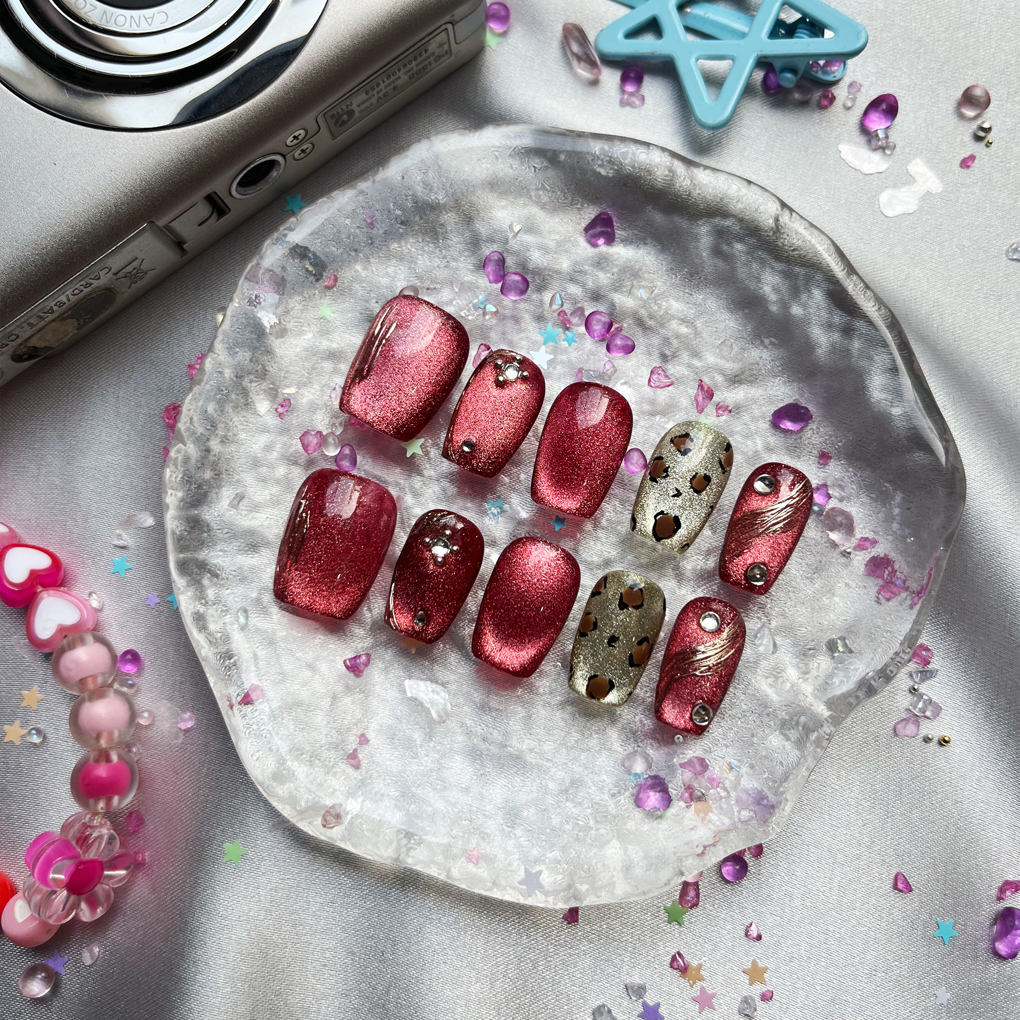 Custom Press-On Nails – Red Glitter with Leopard Print & Rhinestone Accents | Wynzy Pops Nails