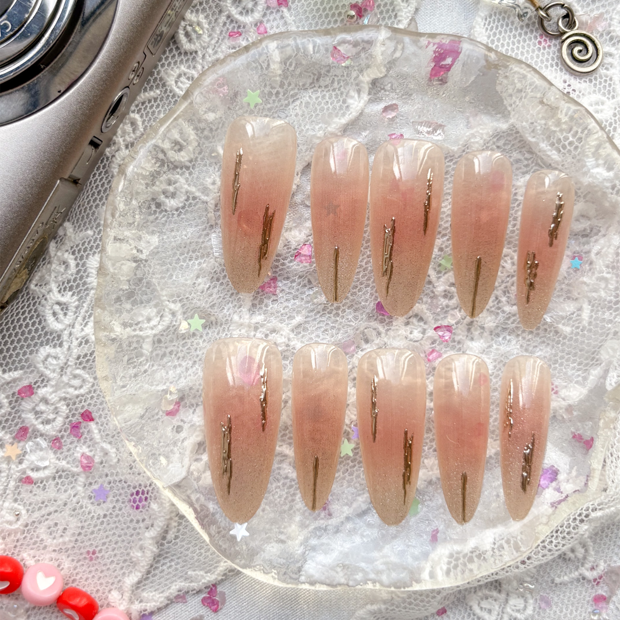 Custom Press-On Nails – Nude Pink Ombré with Gold Foil & Holographic Glow | Wynzy Pops Nails