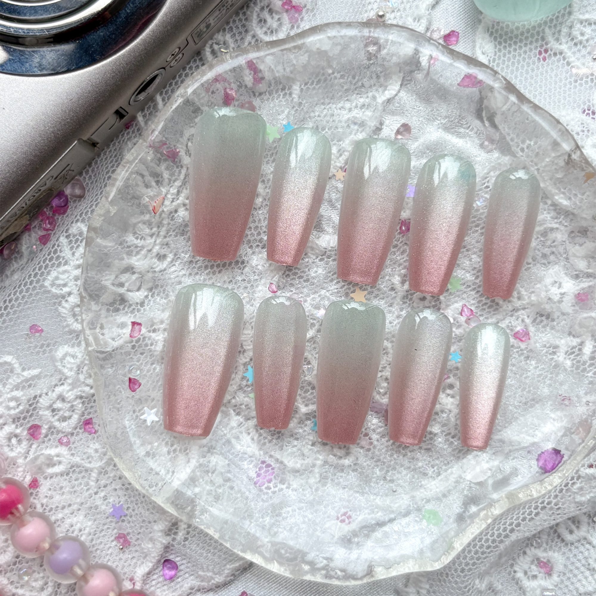 Custom Press-On Nails – Personalized Pastel Ombré Glitter Coffin Set | Soft Pink & Mint Shimmer | Wynzy Pops Nails