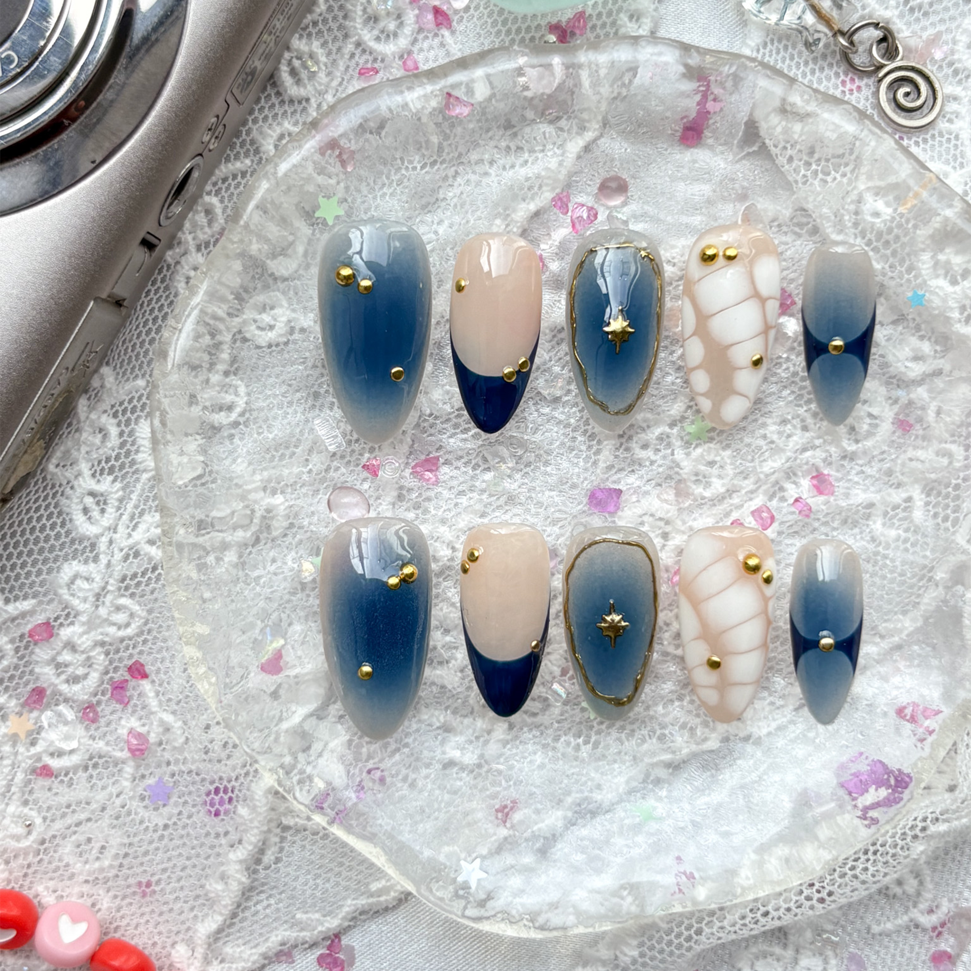 Custom Press-On Nails – Blue Galaxy Ombre with Gold Stars & Celestial Charms | Wynzy Pops Nails
