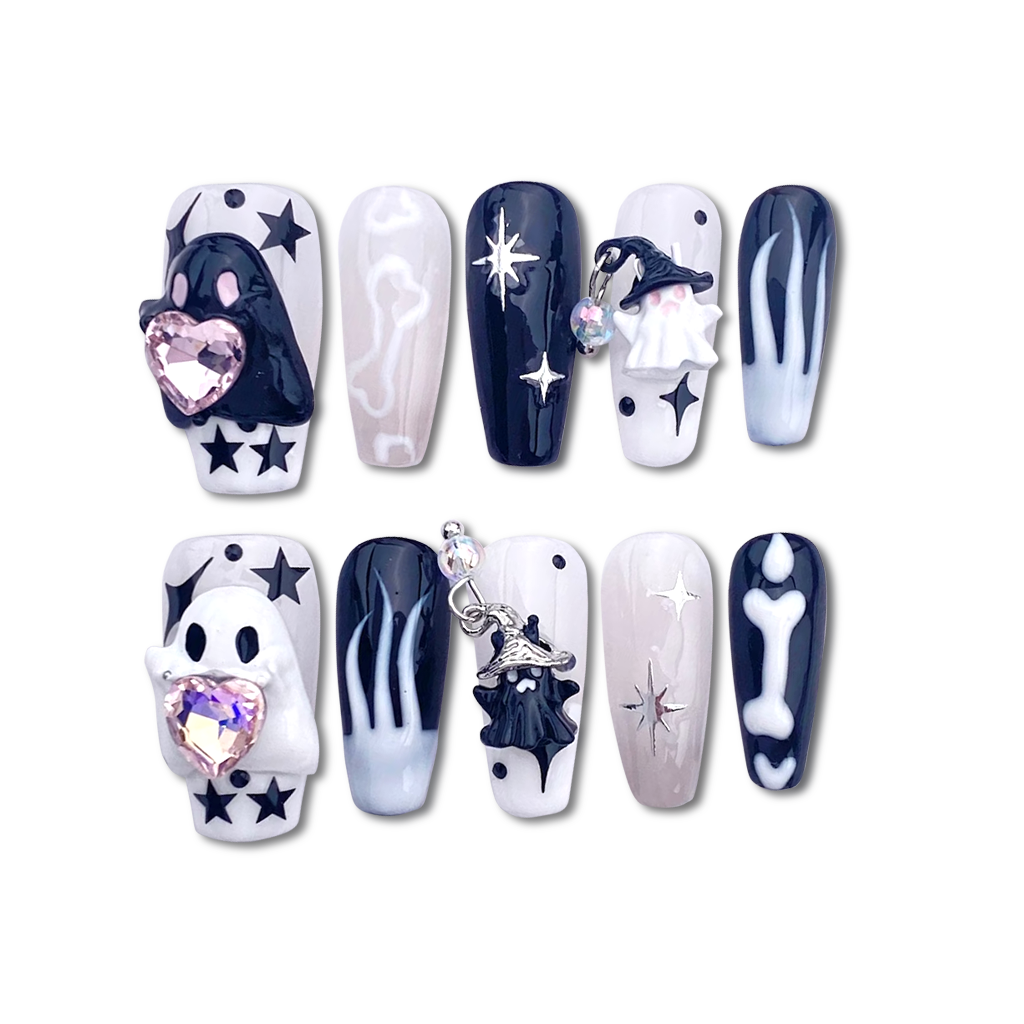 Custom 3D Halloween Press-On Nails – Ghost Charms & Gothic Coffin