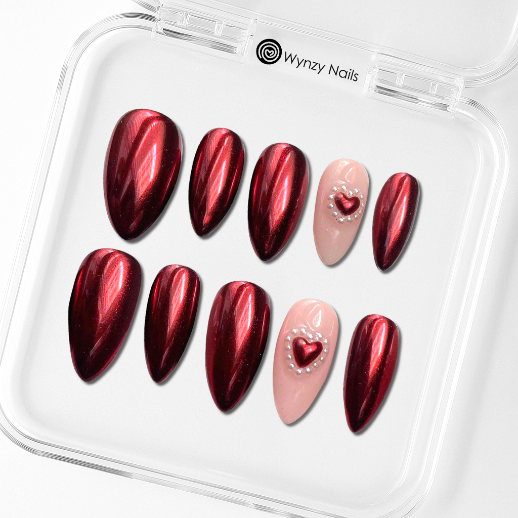 Custom Luxury Red Chrome Press-On Nails – Metallic Cat Eye Heart Design | Wynzy Pops Nails™