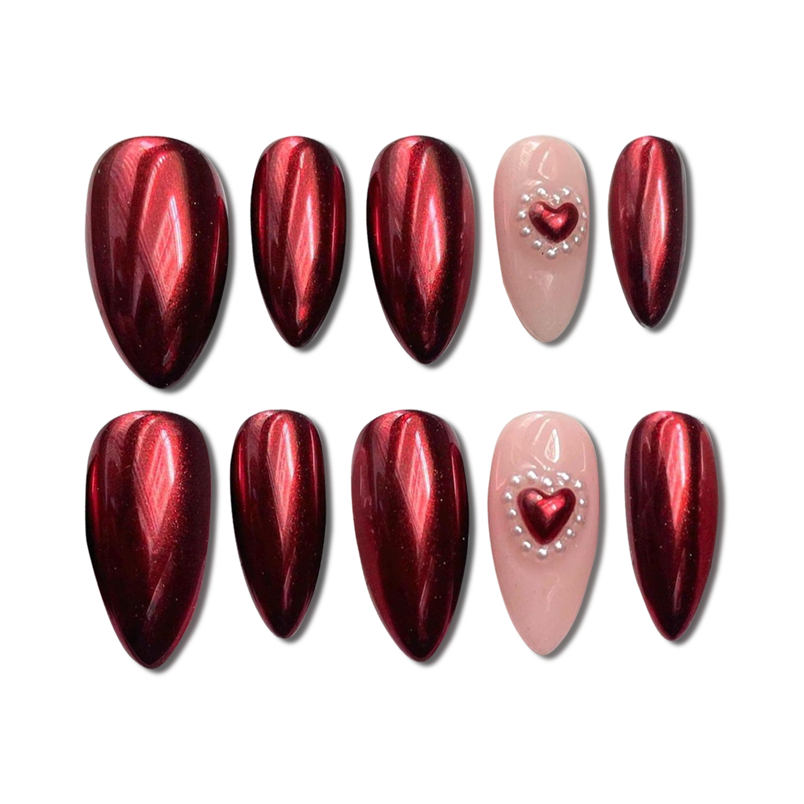 Custom Luxury Red Chrome Press-On Nails – Metallic Cat Eye Heart Design | Wynzy Pops Nails™