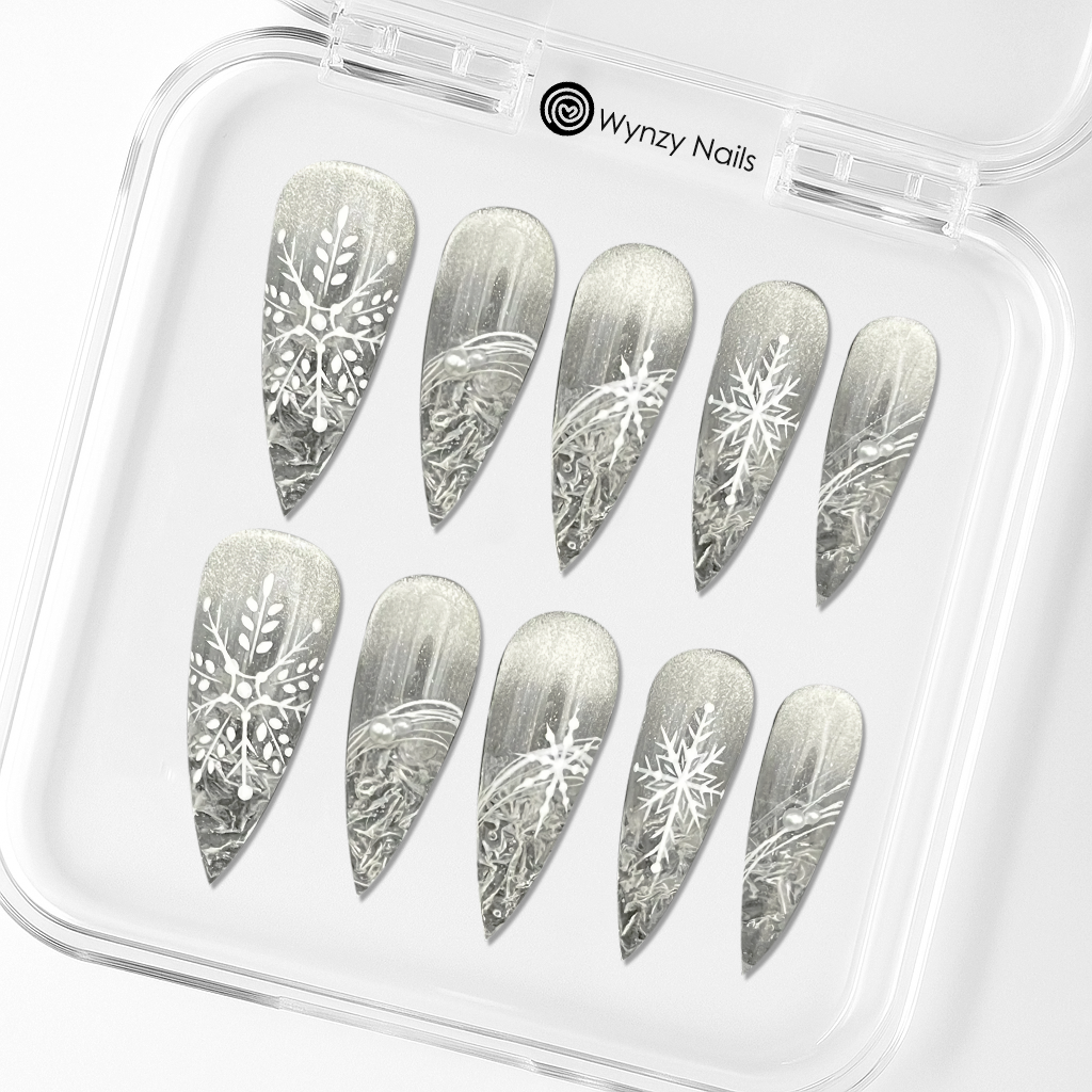 Custom Silver Frost Press-On Nails – White Snowflake Ice Tips | Wynzy Pops Nails™