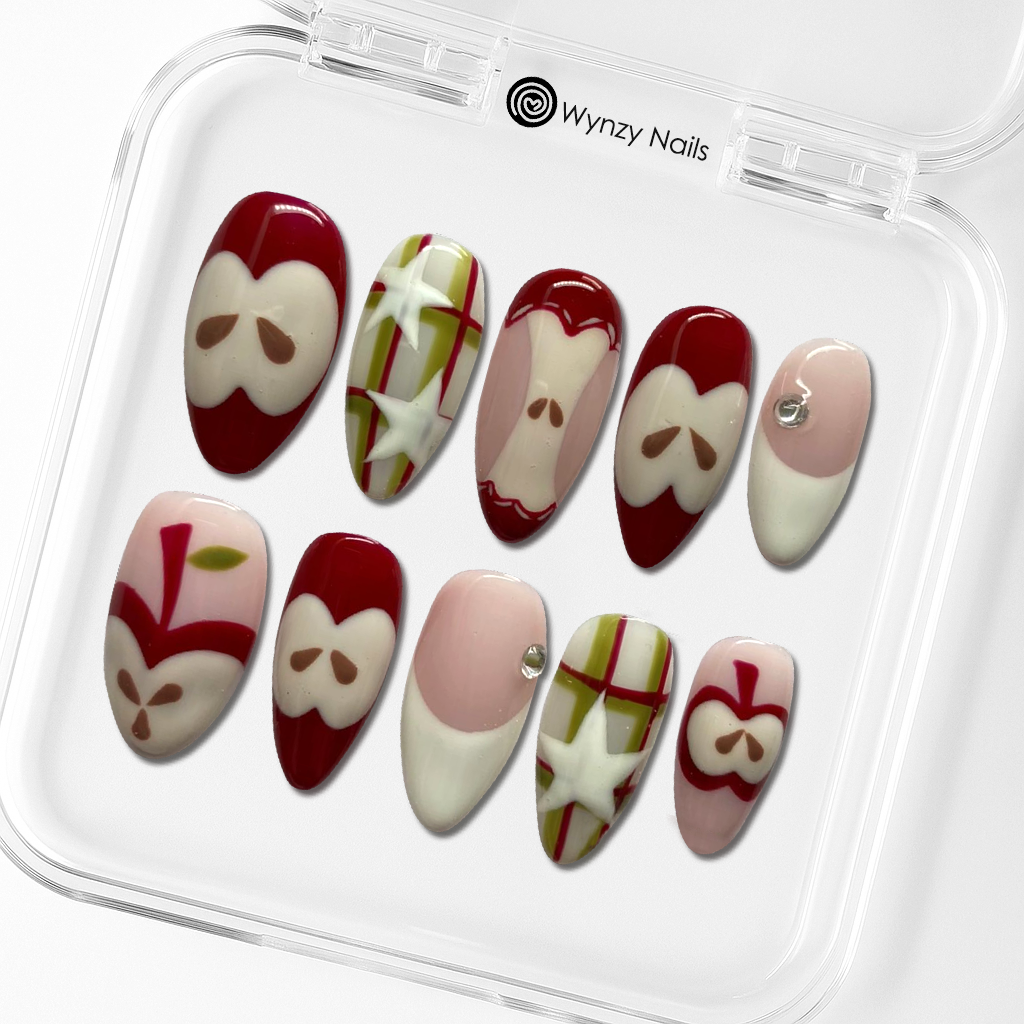Custom Apple Plaid Press-On Nails – Red & Green Fall Nail Art | Wynzy Pops Nails™
