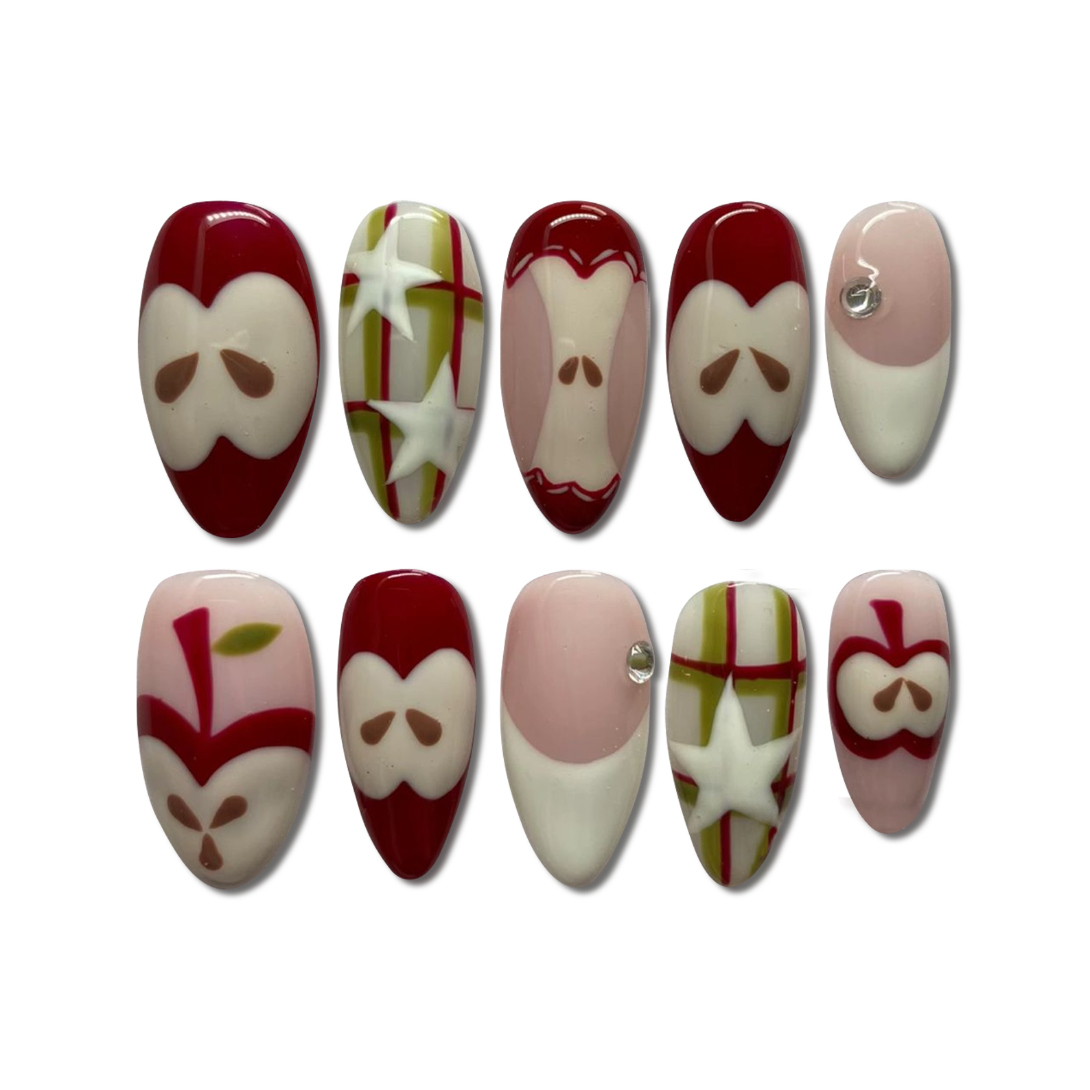 Custom Apple Plaid Press-On Nails – Red & Green Fall Nail Art | Wynzy Pops Nails™