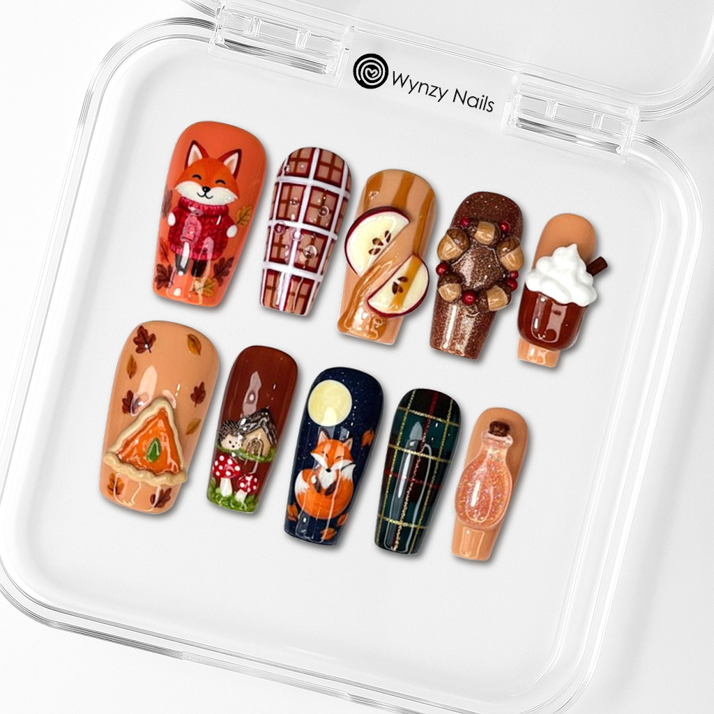 Custom Autumn Fox Press-On Nails – Cozy Fall Vibes & 3D Nail Art | Wynzy Pops™