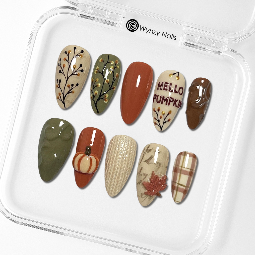 Custom Fall Pumpkin Press-On Nails – Plaid, Knit & Leaf Nail Art | Wynzy Pops Nails™