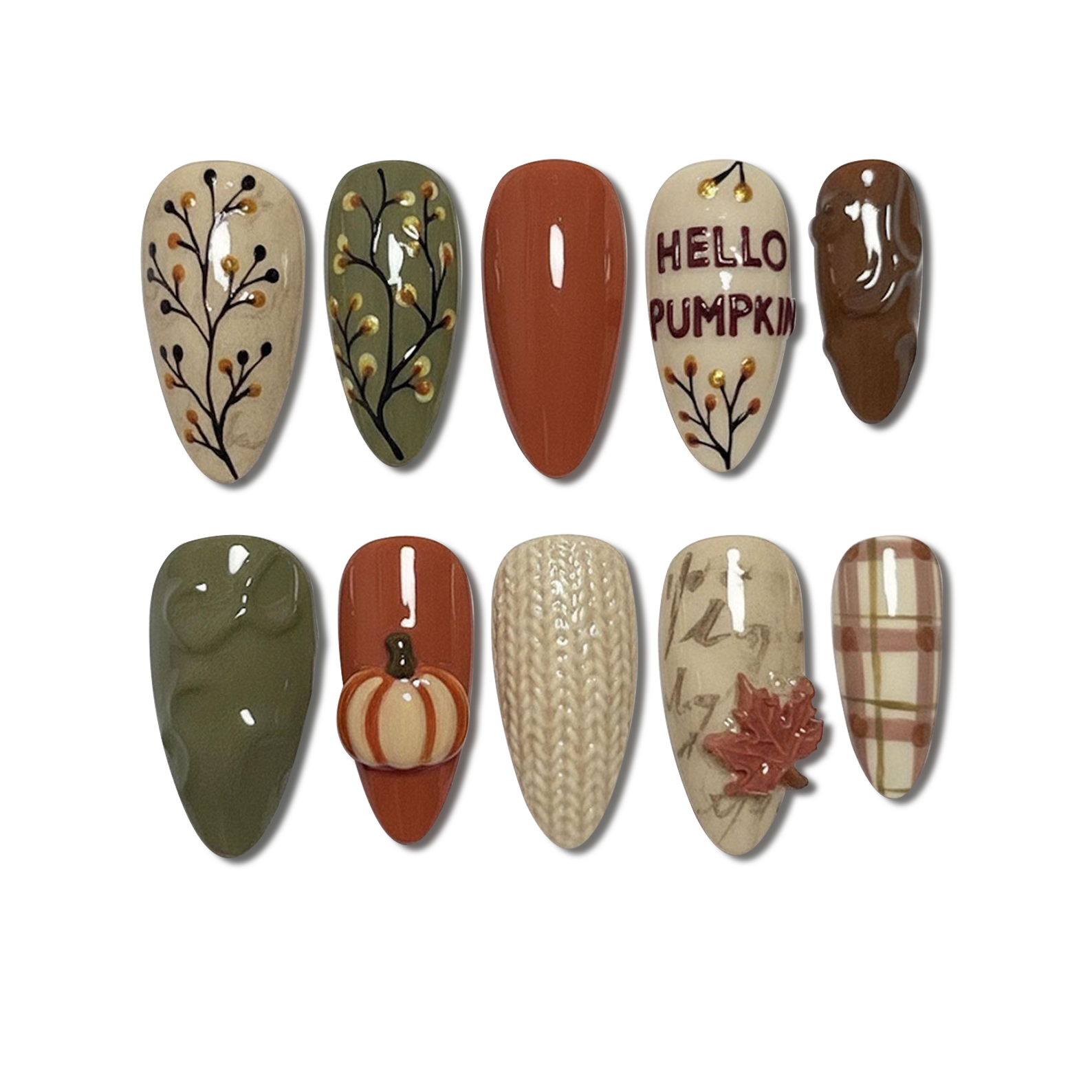 Custom Fall Pumpkin Press-On Nails – Plaid, Knit & Leaf Nail Art | Wynzy Pops Nails™