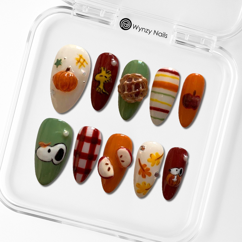 Custom handmade Autumn Harvest Press-On Nails featuring pumpkins, apples, pie & plaid fall nail art – Wynzy Pops Nails™