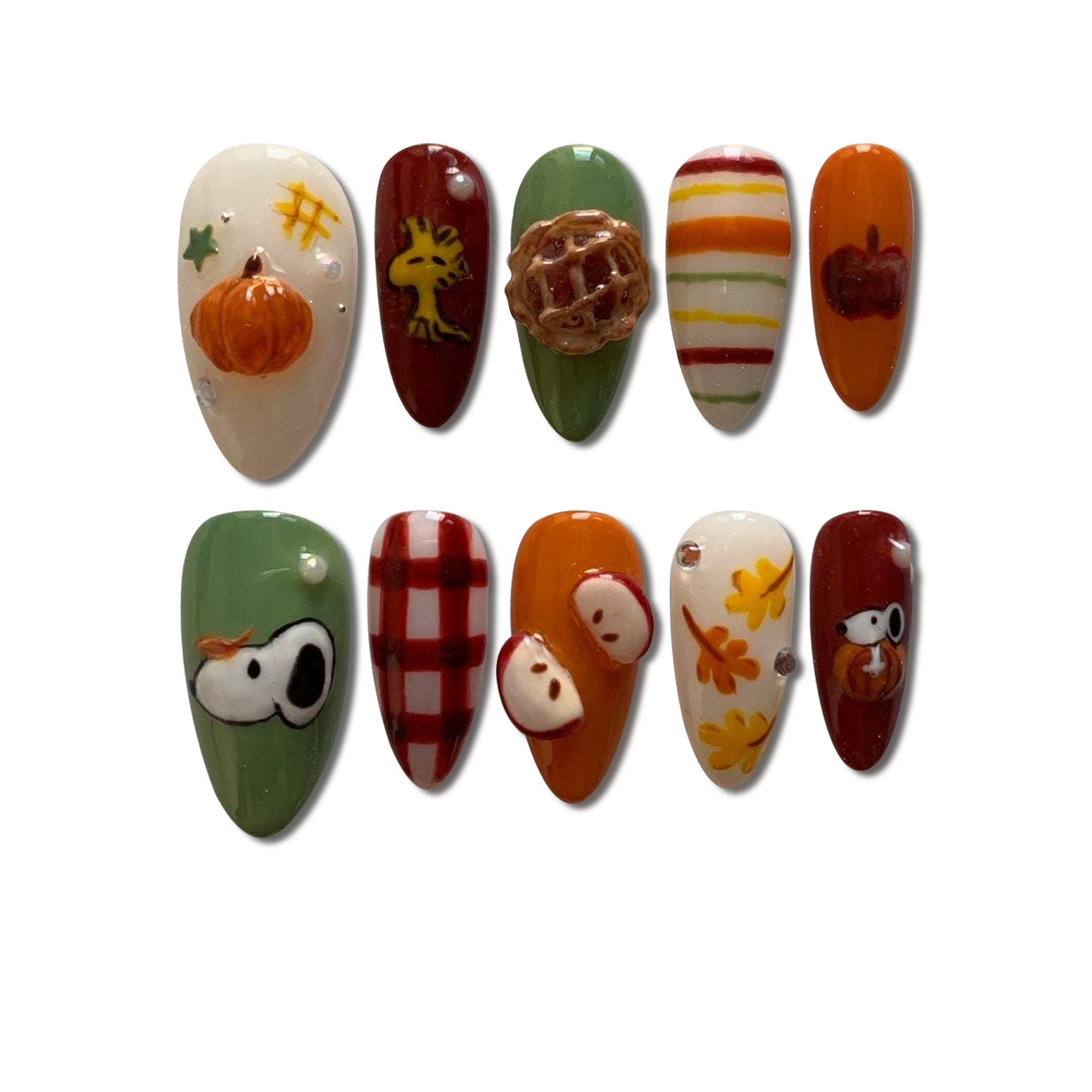 Custom handmade Autumn Harvest Press-On Nails featuring pumpkins, apples, pie & plaid fall nail art – Wynzy Pops Nails™