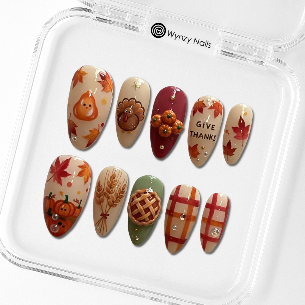 Custom Thanksgiving Press-On Nails – Pumpkin, Turkey & Fall Harvest 3D Nail Art