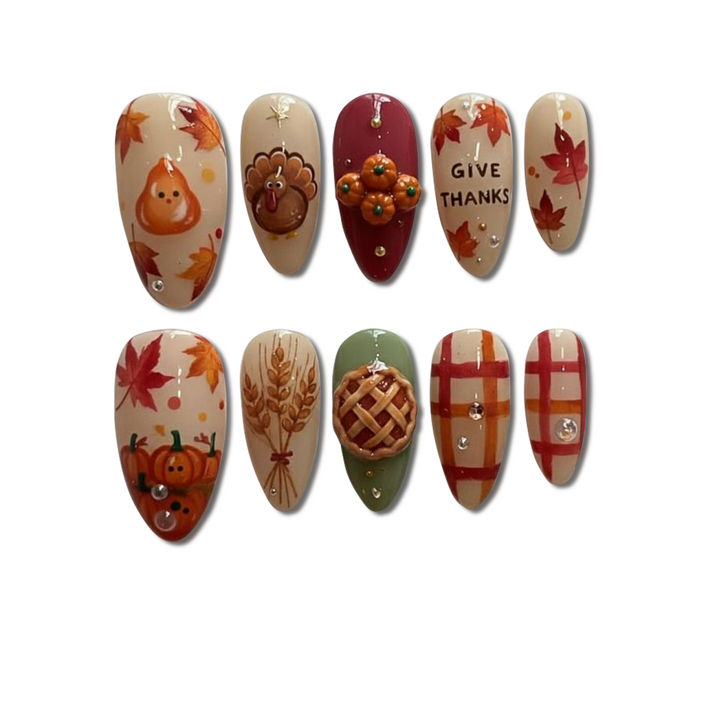 Custom Thanksgiving Press-On Nails – Pumpkin, Turkey & Fall Harvest 3D Nail Art
