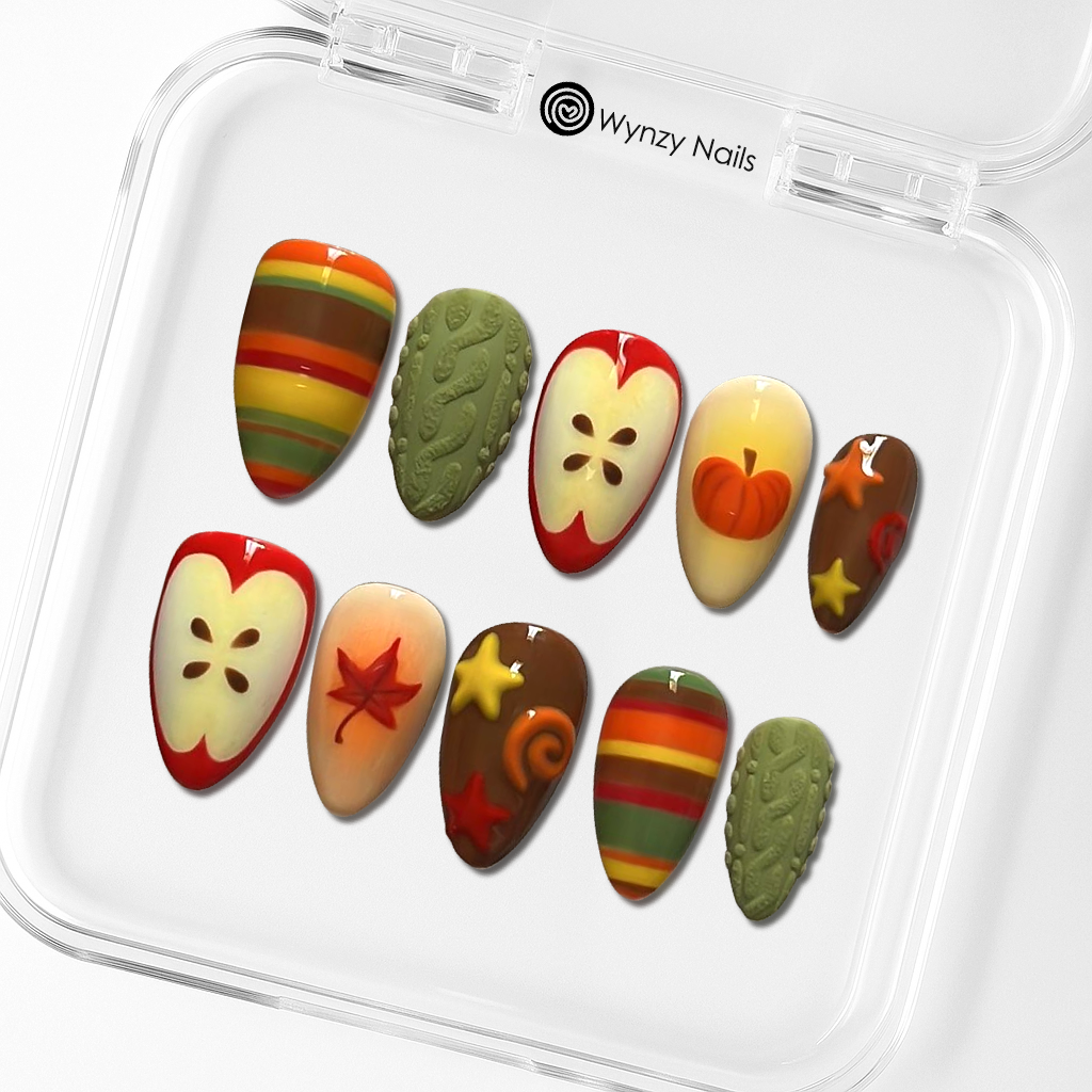 Custom Fall Apple Press-On Nails – Pumpkin & Leaf 3D Nail Art | Wynzy Pops Nails™