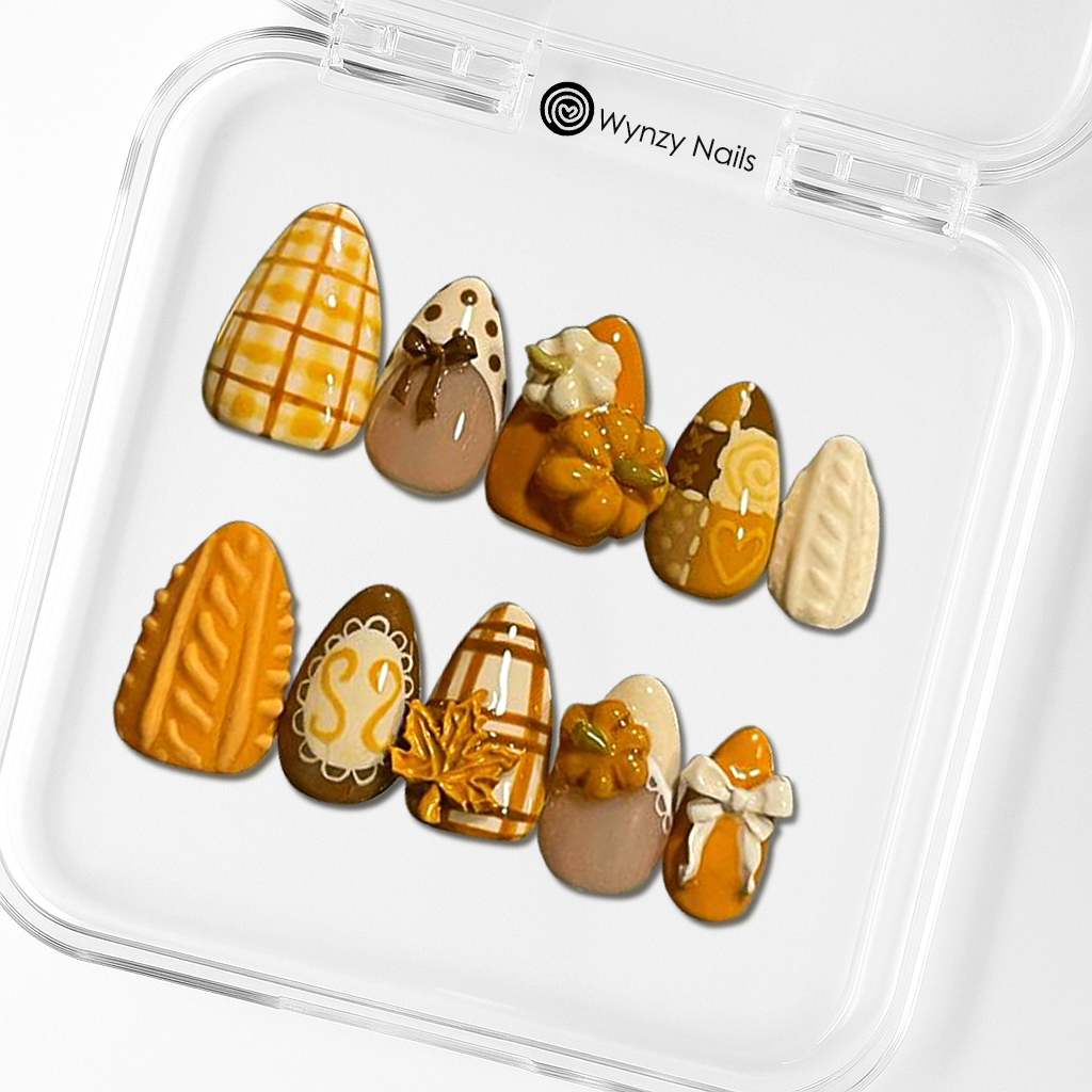 Custom Cozy Fall 3D Press-On Nails – Pumpkin, Knit & Thanksgiving Nail Art | Wynzy Pops Nails™