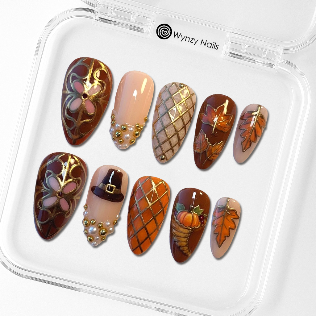 Custom Thanksgiving Press-On Nails – Pumpkin, Leaf & Gold Lattice Nail Art | Wynzy Pops Nails™