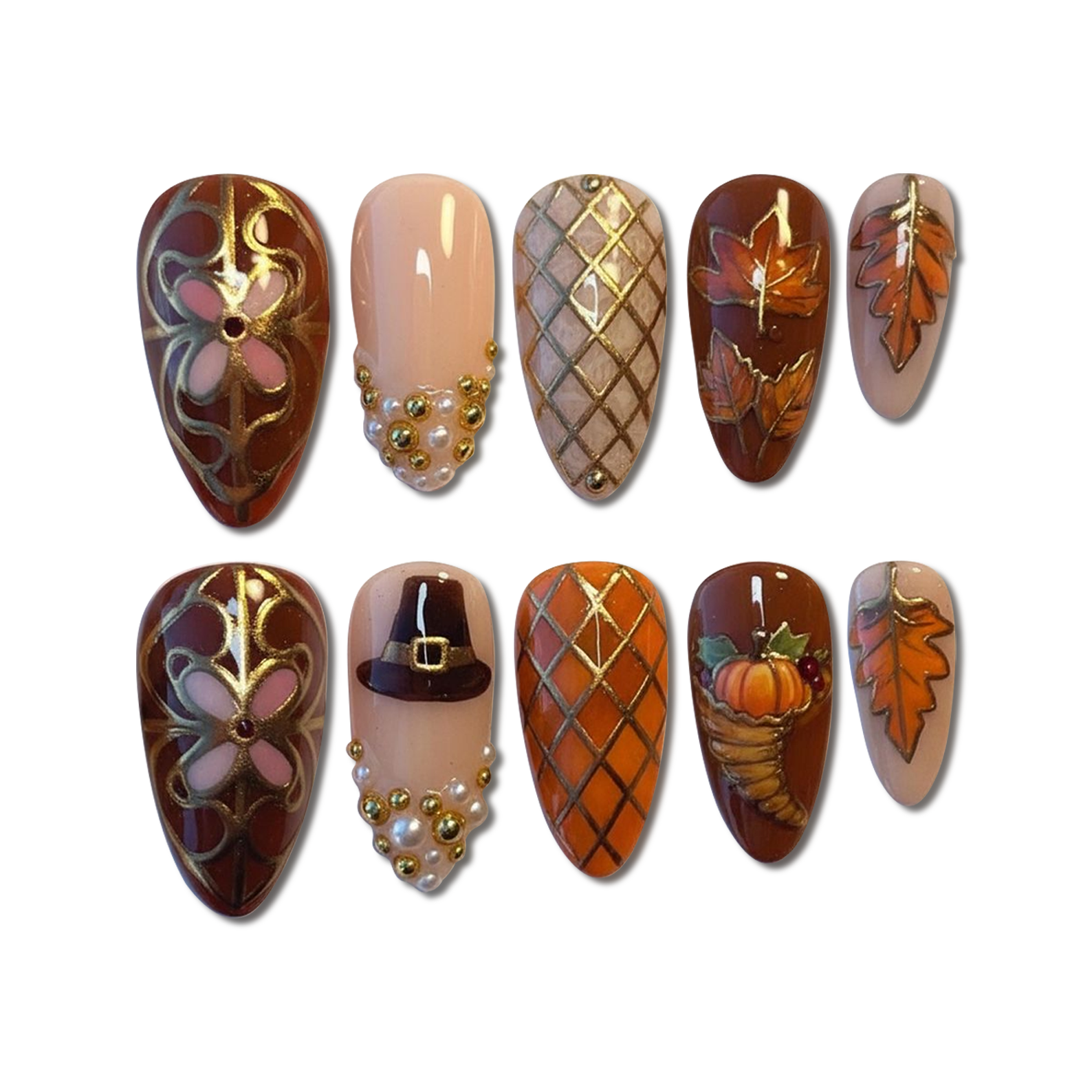 Custom Thanksgiving Press-On Nails – Pumpkin, Leaf & Gold Lattice Nail Art | Wynzy Pops Nails™