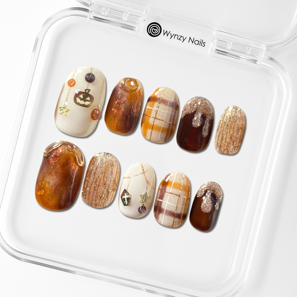 Custom Autumn Plaid Press-On Nails – Cozy Pumpkin & Brown Glitter Nail Art | Wynzy Pops Nails™