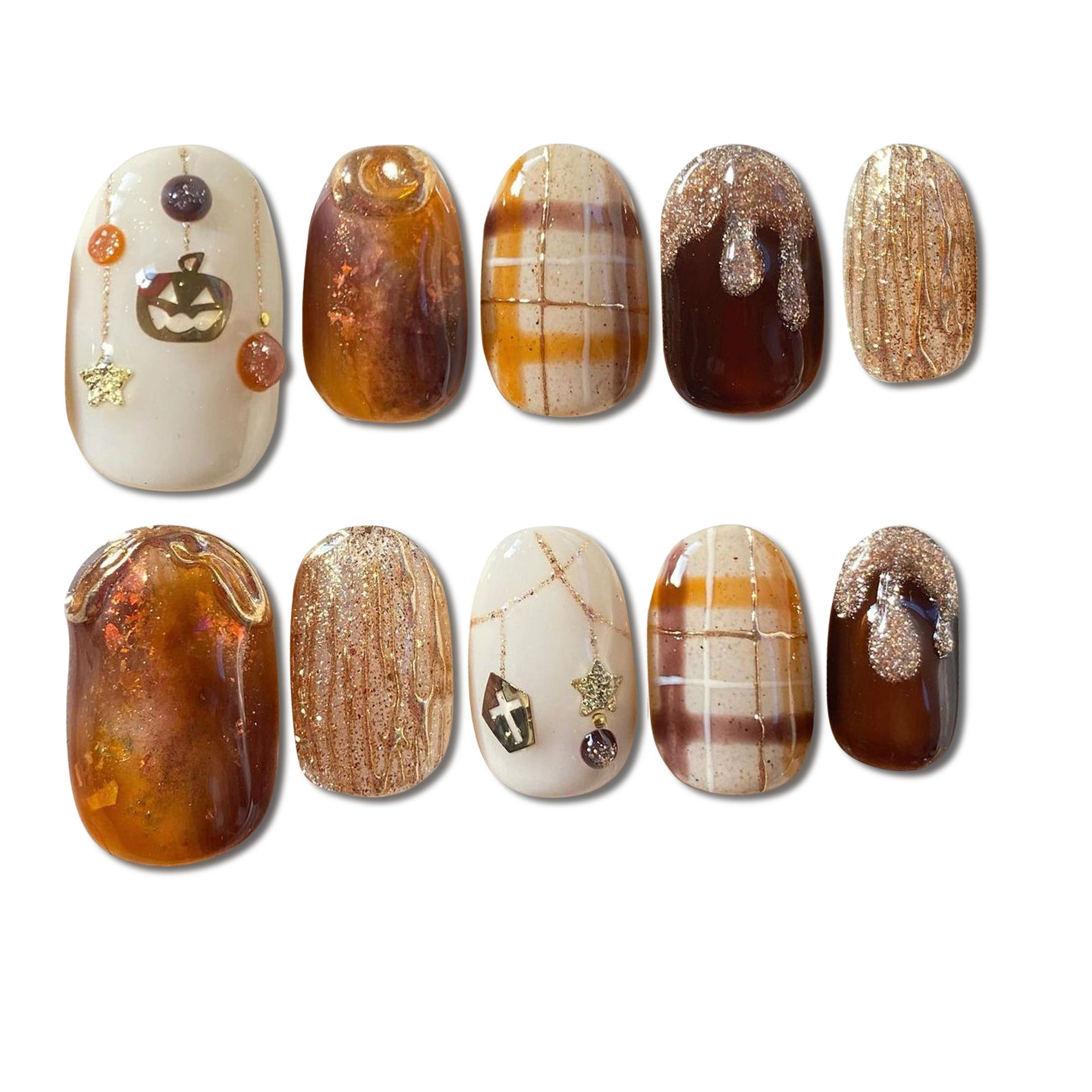 Custom Autumn Plaid Press-On Nails – Cozy Pumpkin & Brown Glitter Nail Art | Wynzy Pops Nails™