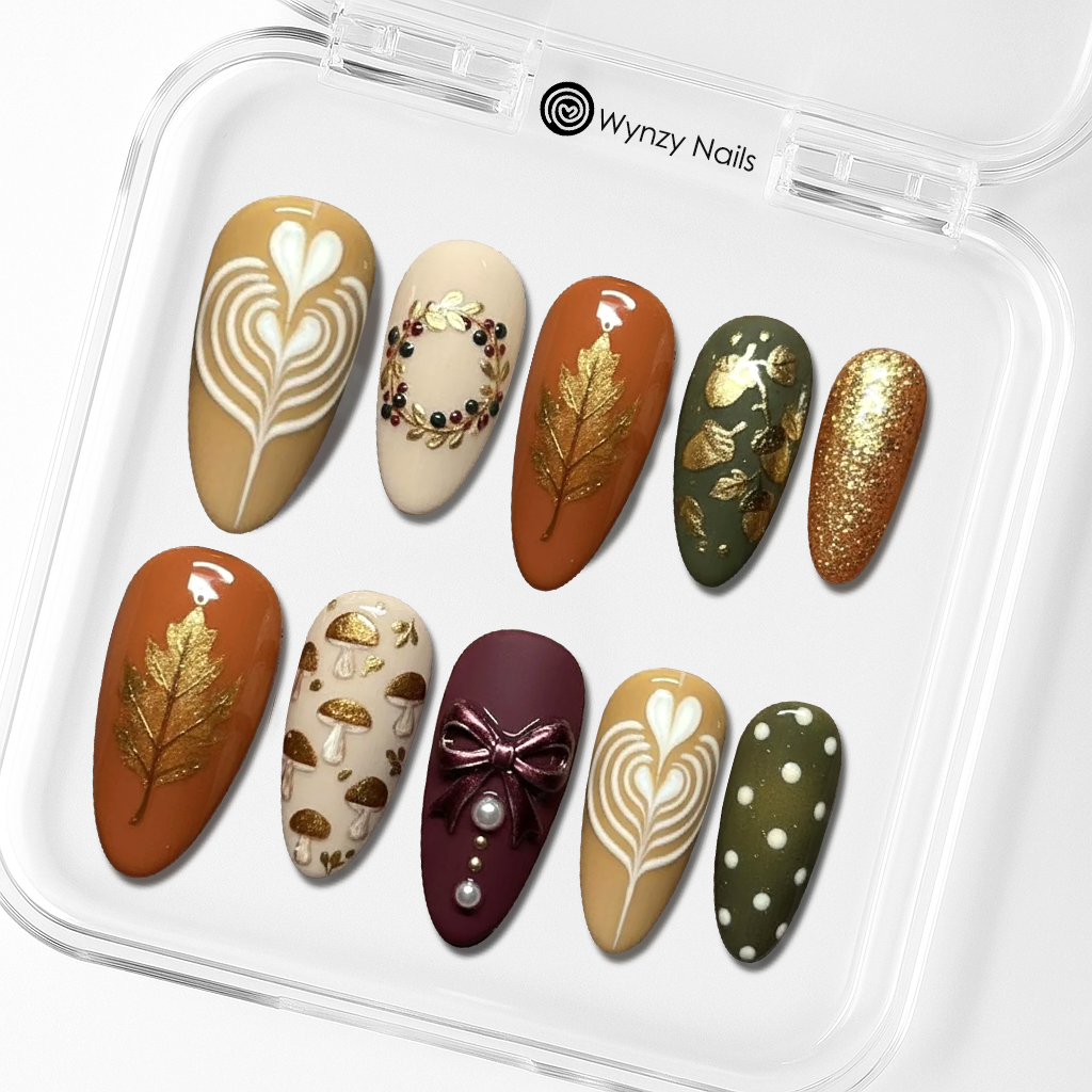 Custom Autumn Press-On Nails – Cozy Fall Nail Art with Leaves, Bows & Mushrooms