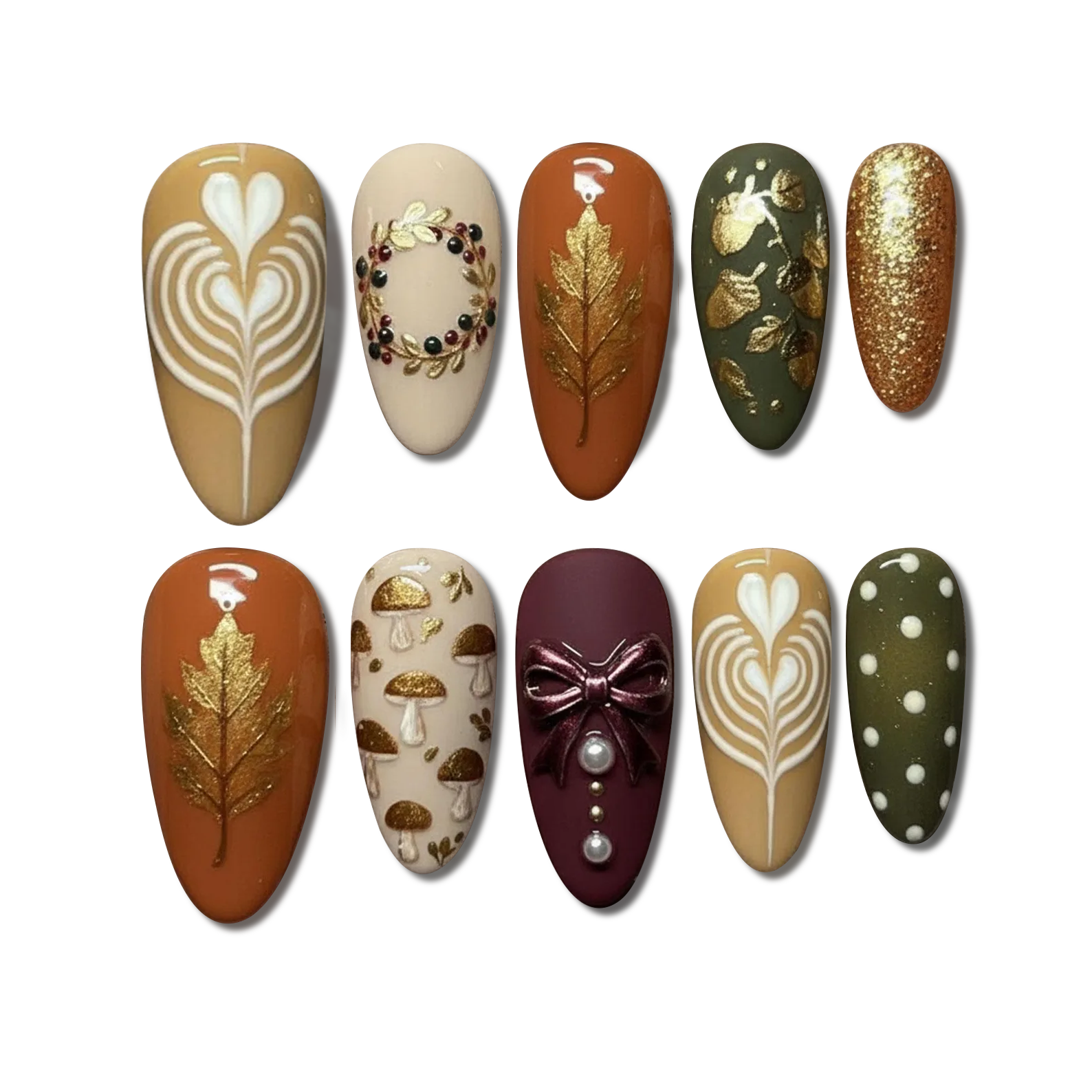 Custom Autumn Press-On Nails – Cozy Fall Nail Art with Leaves, Bows & Mushrooms