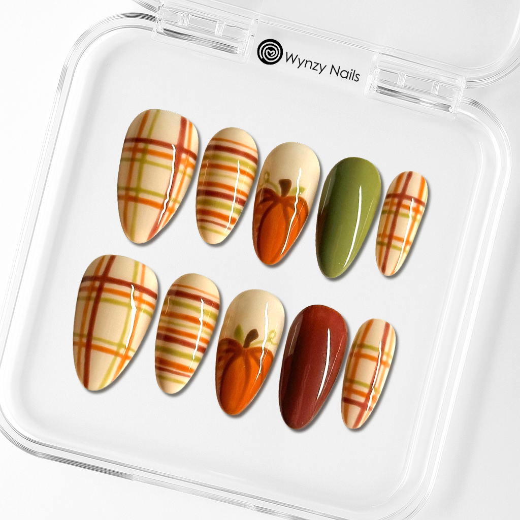 Custom Autumn Pumpkin Press-On Nails – Cozy Fall Plaid Nail Art