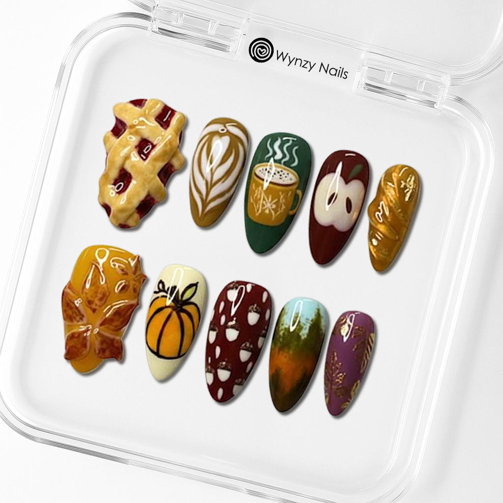 Custom Autumn Latte Press-On Nails – Pumpkin, Pie & Coffee Art | Wynzy Pops™