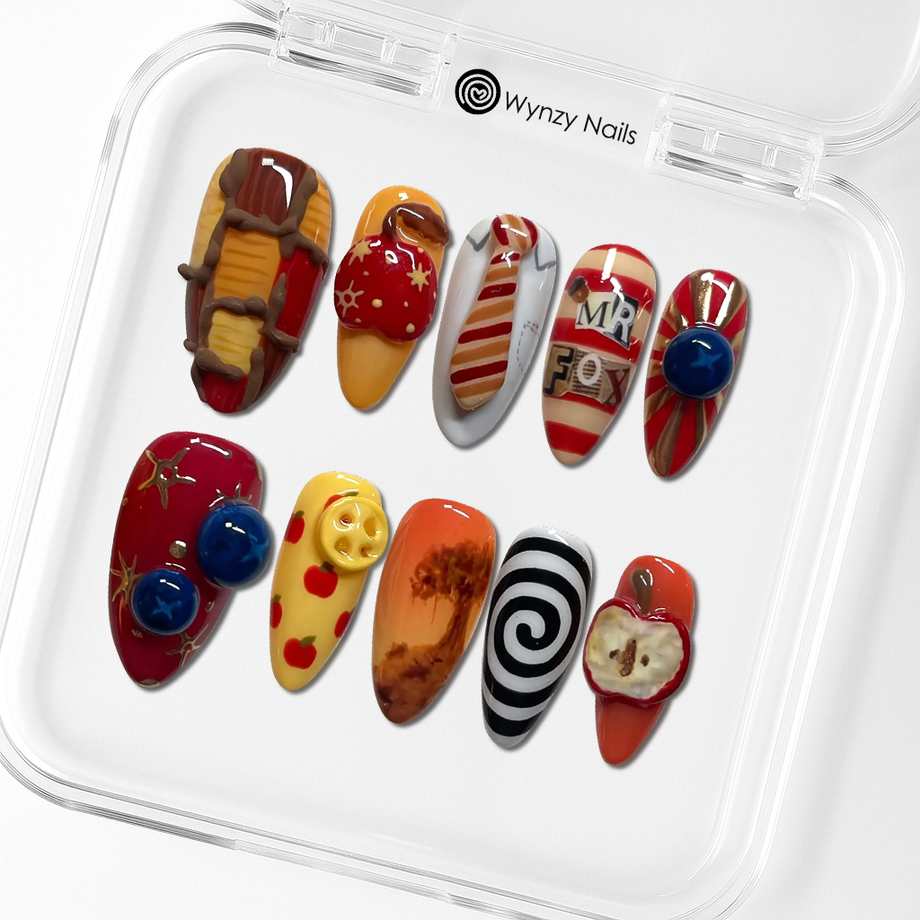 Custom Fantastic Mr. Fox Press-On Nails – 3D Apple, Tie & Autumn Retro Nail Art | Wynzy Pops Nails™