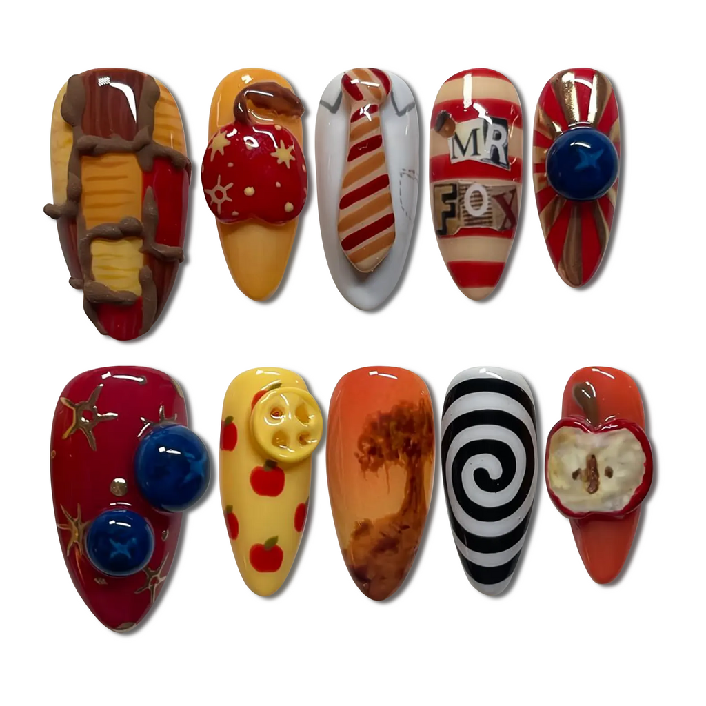 Custom Fantastic Mr. Fox Press-On Nails – 3D Apple, Tie & Autumn Retro Nail Art | Wynzy Pops Nails™