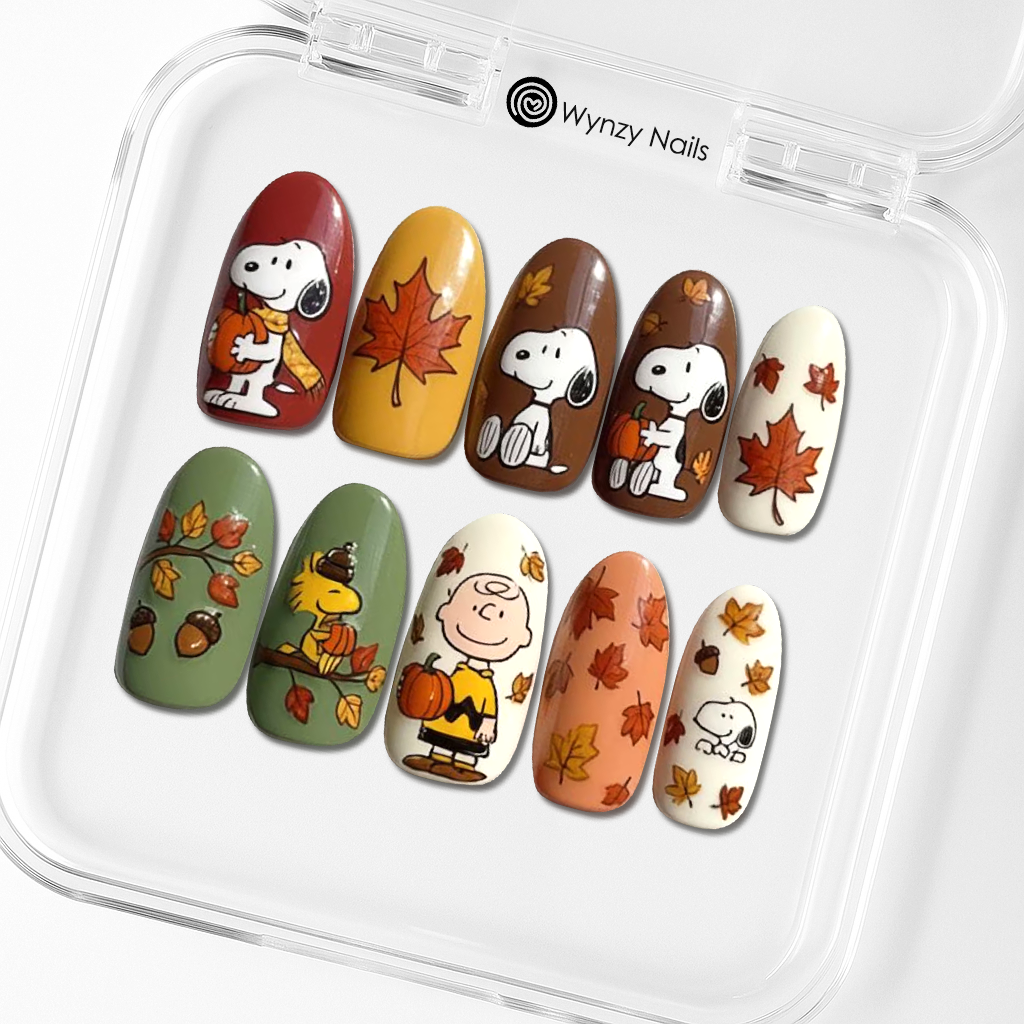 Custom Snoopy Autumn Press-On Nails – Fall Leaves & Pumpkin Nail Art | Wynzy Pops™