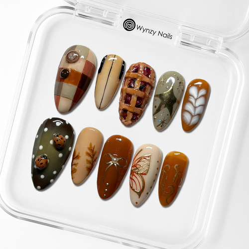 Autumn Harvest Pie & Plaid Press-On Nails | Cozy Handmade Fall Nail Art