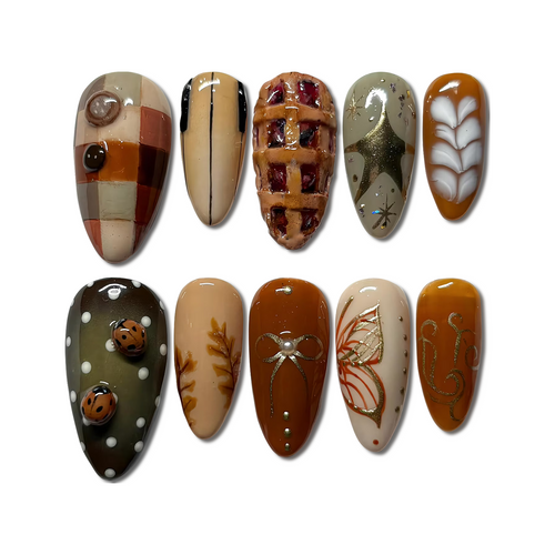 Autumn Harvest Pie & Plaid Press-On Nails | Cozy Handmade Fall Nail Art