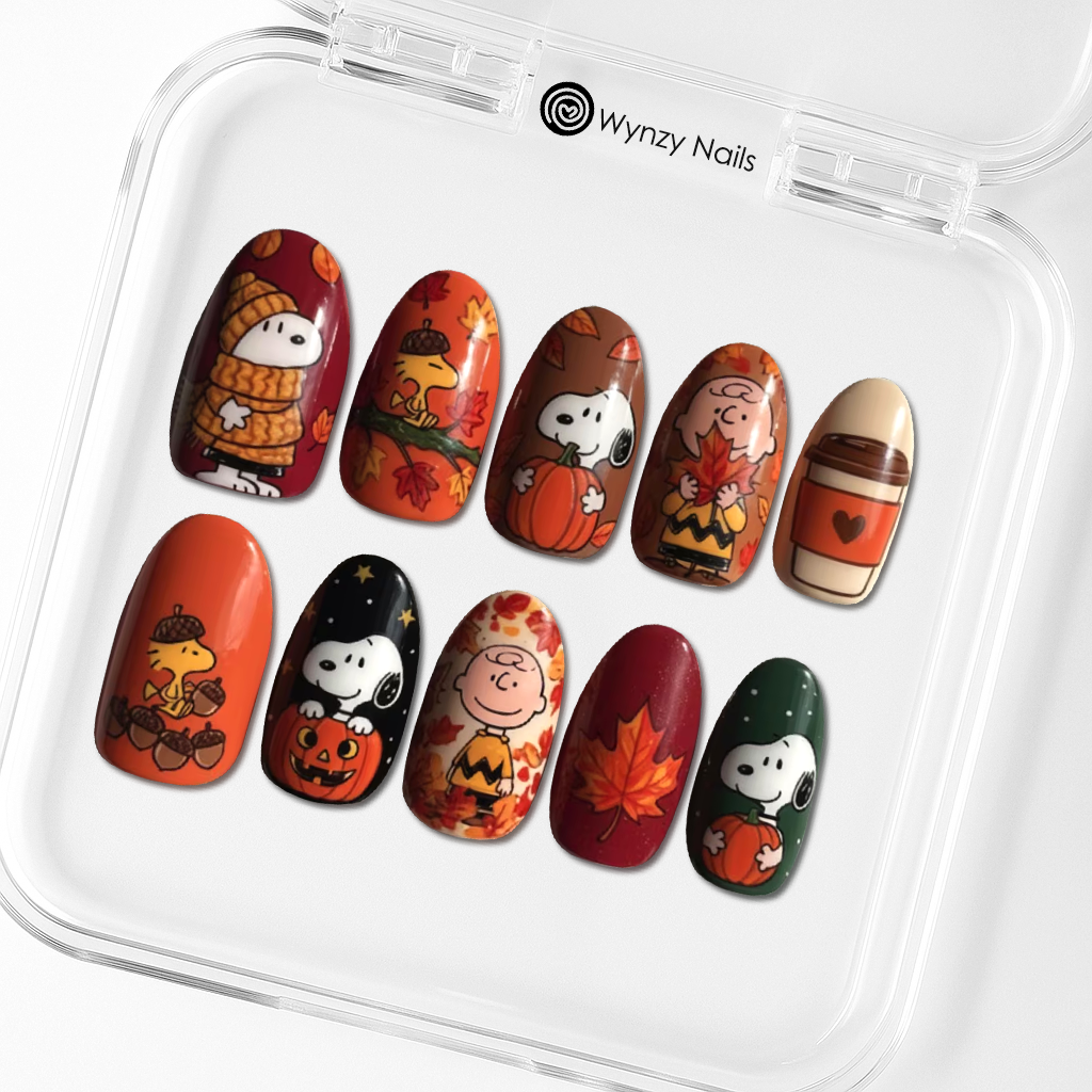 Custom Snoopy Fall Press-On Nails – Pumpkin, Coffee & Cozy Leaf Nail Art