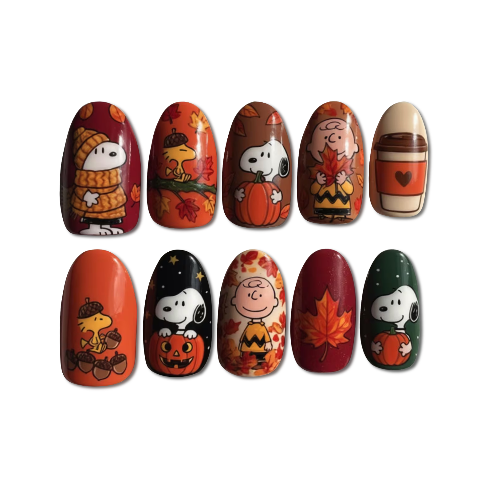 Custom Snoopy Fall Press-On Nails – Pumpkin, Coffee & Cozy Leaf Nail Art