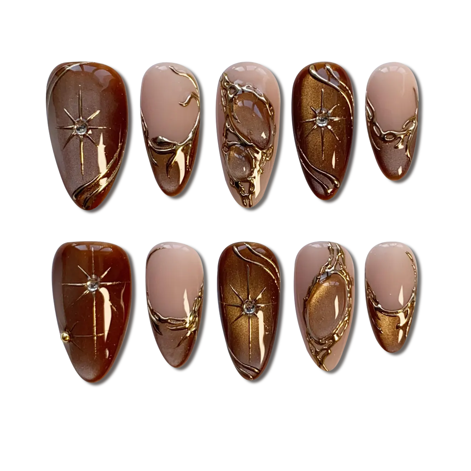Custom Luxury Bronze Press-On Nails – Metallic Gold Marble & Gem Nail Art | Wynzy Pops Nails™