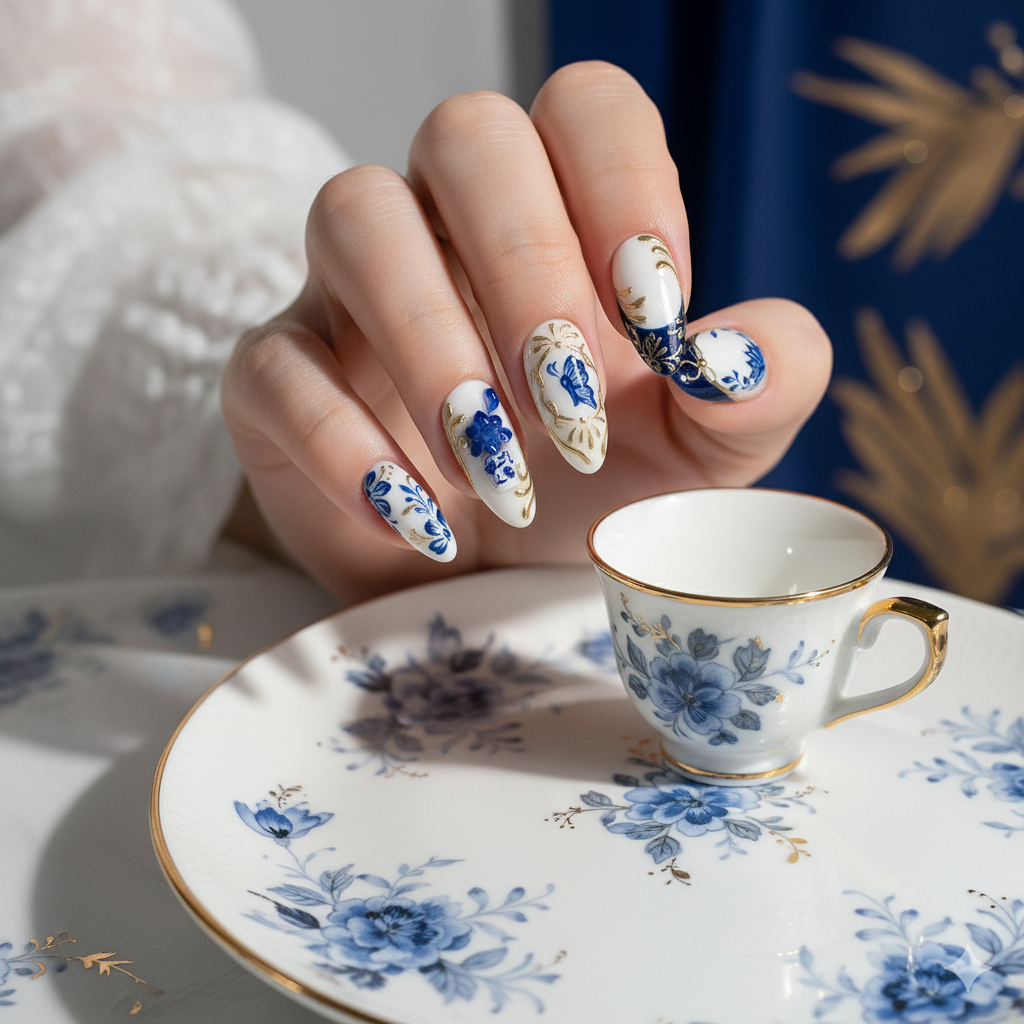 Custom Blue Porcelain 3D Press-On Nails – White & Gold Floral Art | Wynzy Pops™