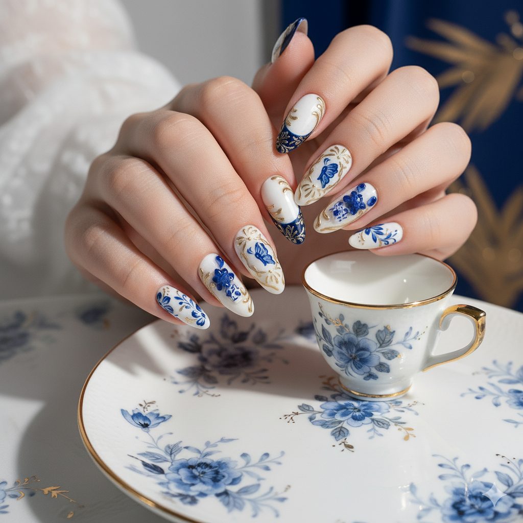 Custom Blue Porcelain 3D Press-On Nails – White & Gold Floral Art | Wynzy Pops™