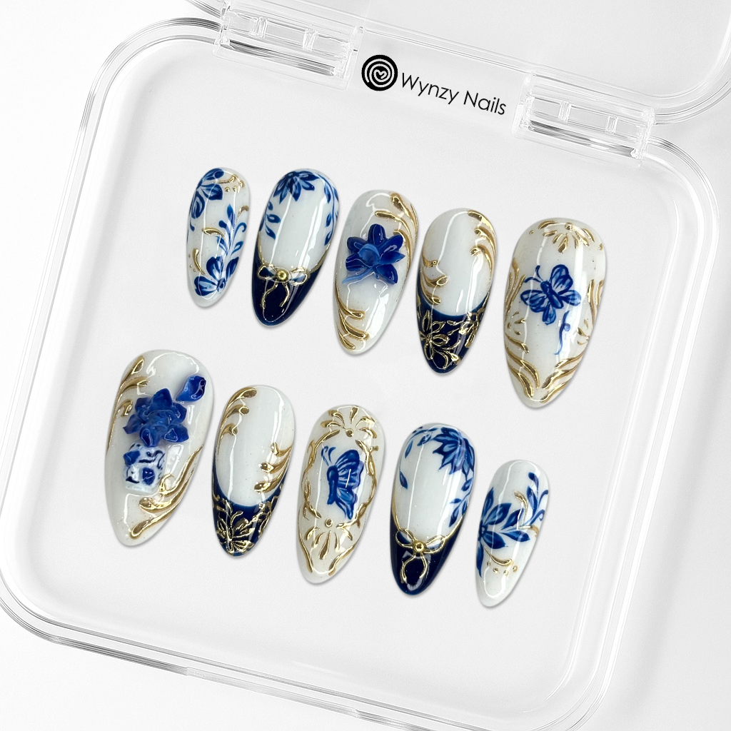 Custom Blue Porcelain 3D Press-On Nails – White & Gold Floral Art | Wynzy Pops™