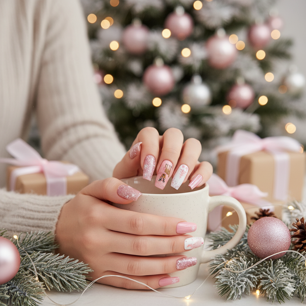 Custom Pink Christmas Press-On Nails – Snowflake, Reindeer & Tree Nail Art | Wynzy Pops Nails™