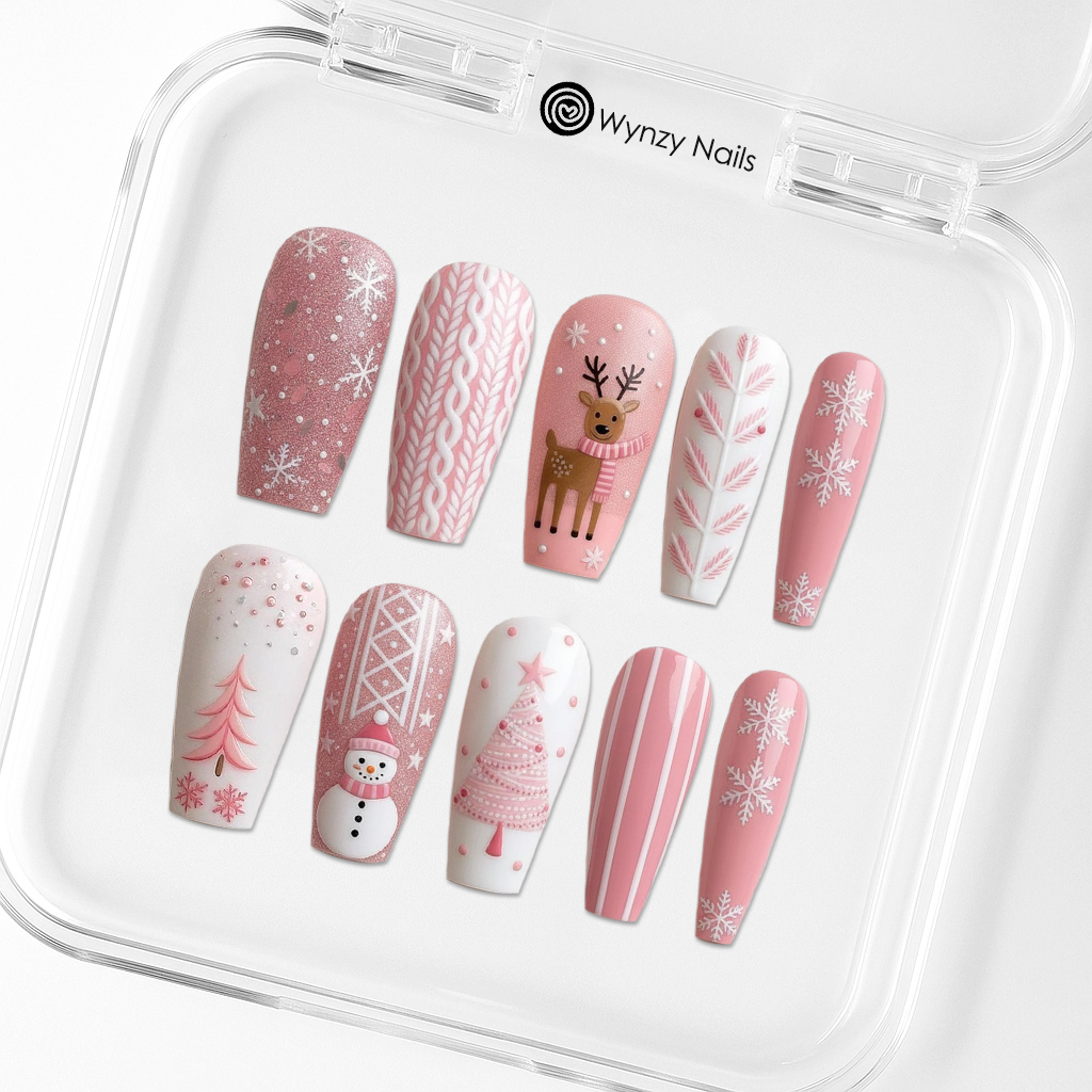 Custom Pink Christmas Press-On Nails – Snowflake, Reindeer & Tree Nail Art | Wynzy Pops Nails™