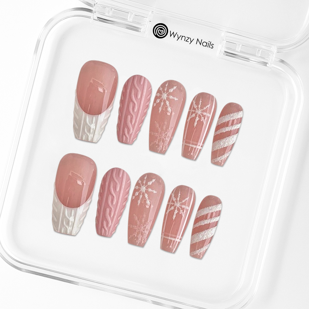 Custom Pink Snowflake Knit Press-On Nails – Cozy Winter Nail Art | Wynzy Pops™
