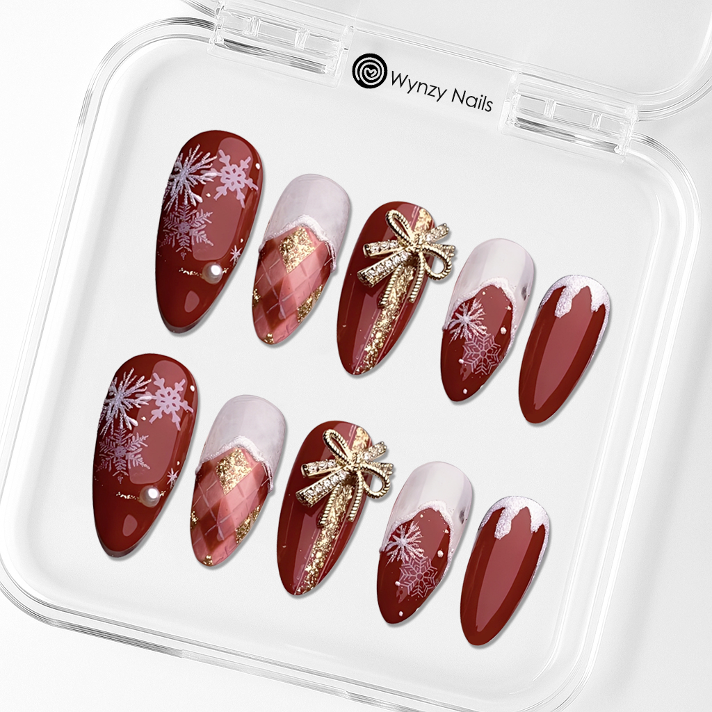 Custom Red Plaid & Gold Bow Press-On Nails – Christmas Snowflake Nail Art | Wynzy Pops™