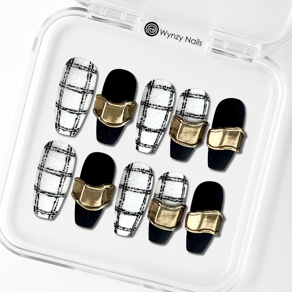 Custom Luxury Plaid Press-On Nails – Black & White 3D Gold Accent | Wynzy Pops™