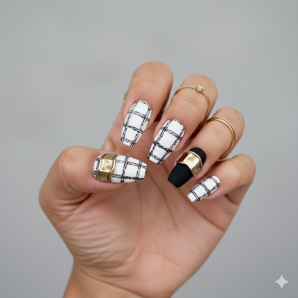 Custom Luxury Plaid Press-On Nails – Black & White 3D Gold Accent | Wynzy Pops™