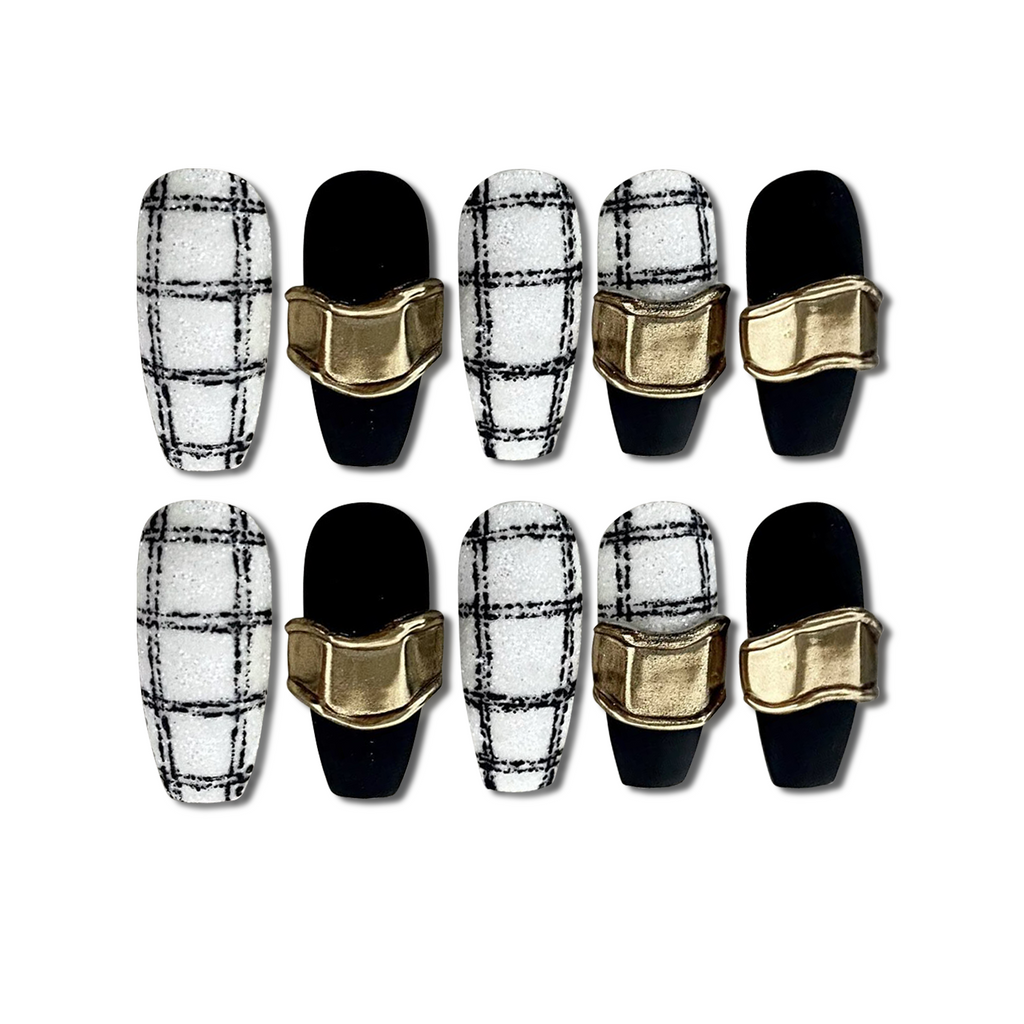 Custom Luxury Plaid Press-On Nails – Black & White 3D Gold Accent | Wynzy Pops™
