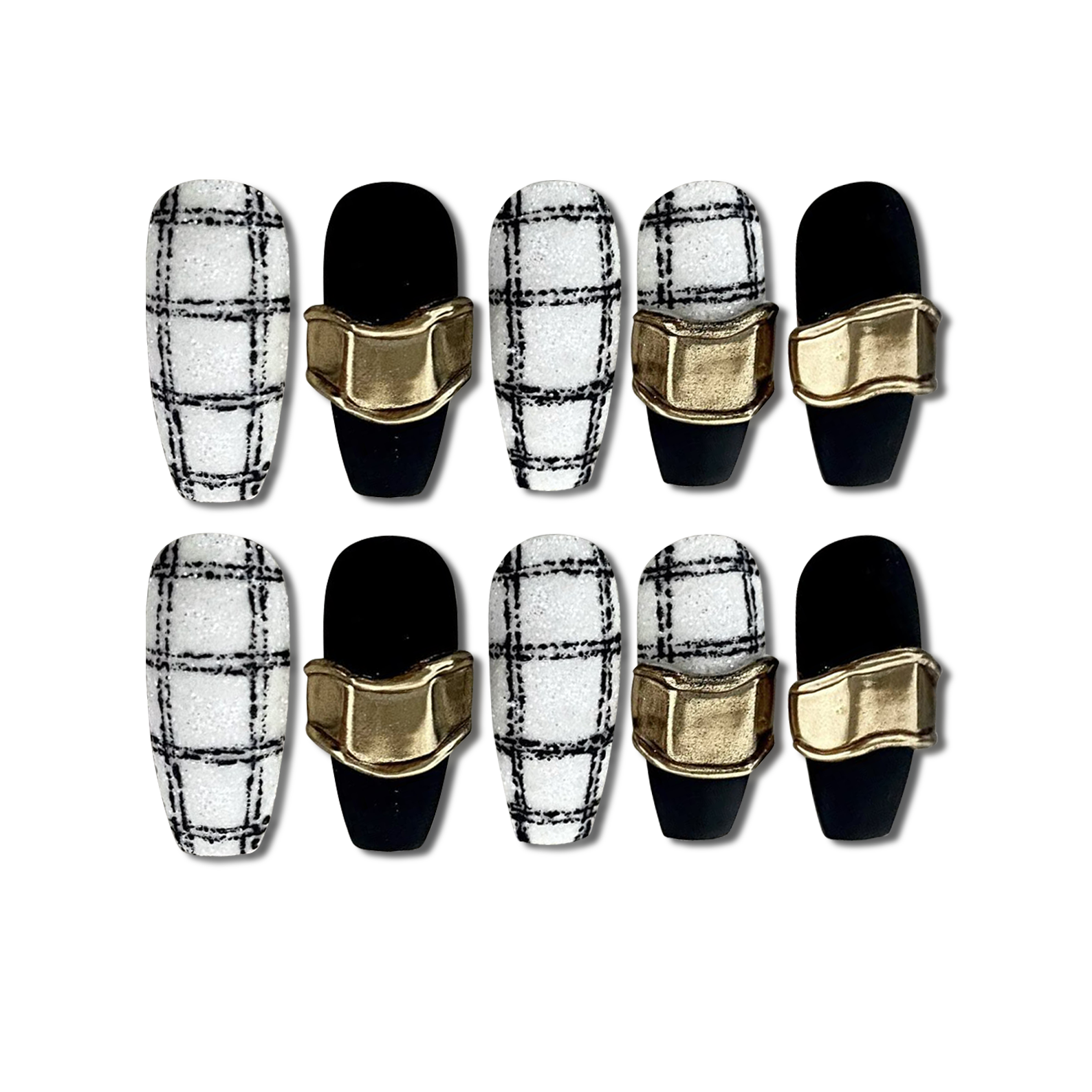 Custom Luxury Plaid Press-On Nails – Black & White 3D Gold Accent | Wynzy Pops™