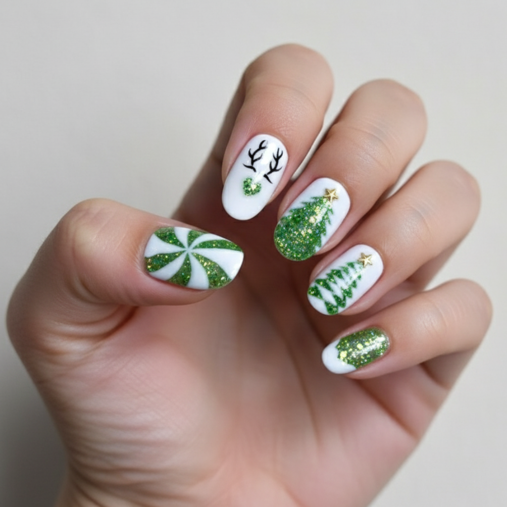 Custom Green Glitter Christmas Press-On Nails – Reindeer, Snowflake & Tree Nail Art | Wynzy Pops™