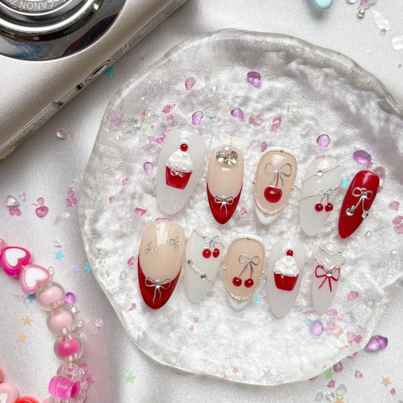 Custom Press-On Nails – Cherry Cupcake Dessert Design with 3D Pearls & Red Nude Kawaii Style | Wynzy Pops Nails